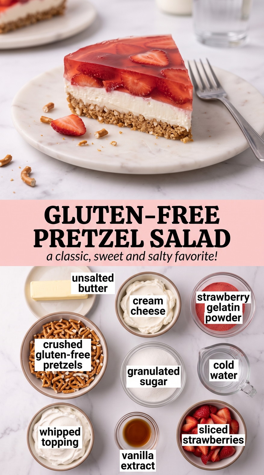 Gluten-free Pretzel Salad with gluten-free pretzel crust with a vanilla cream-cheese layer and glossy fresh strawberry topping