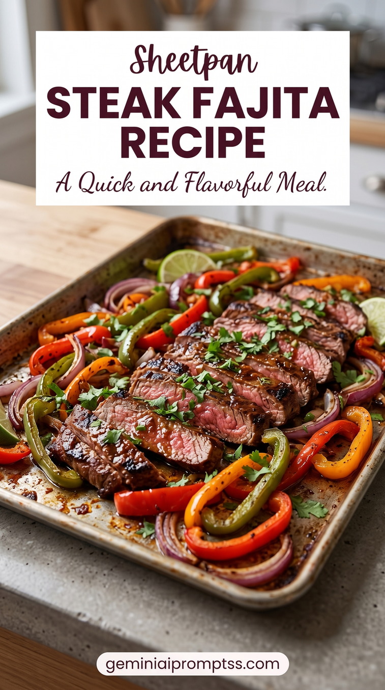 Sheetpan Steak Fajita Recipe with sliced skirt steak, colorful bell peppers, onions, lime, and browned fajita-style edges