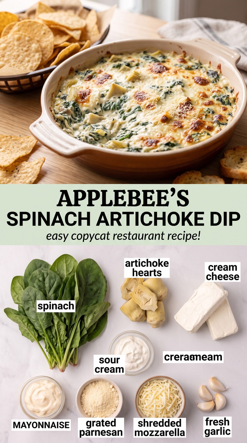 Applebee's spinach artichoke dip finished dish made with spinach, artichoke hearts, and cream cheese