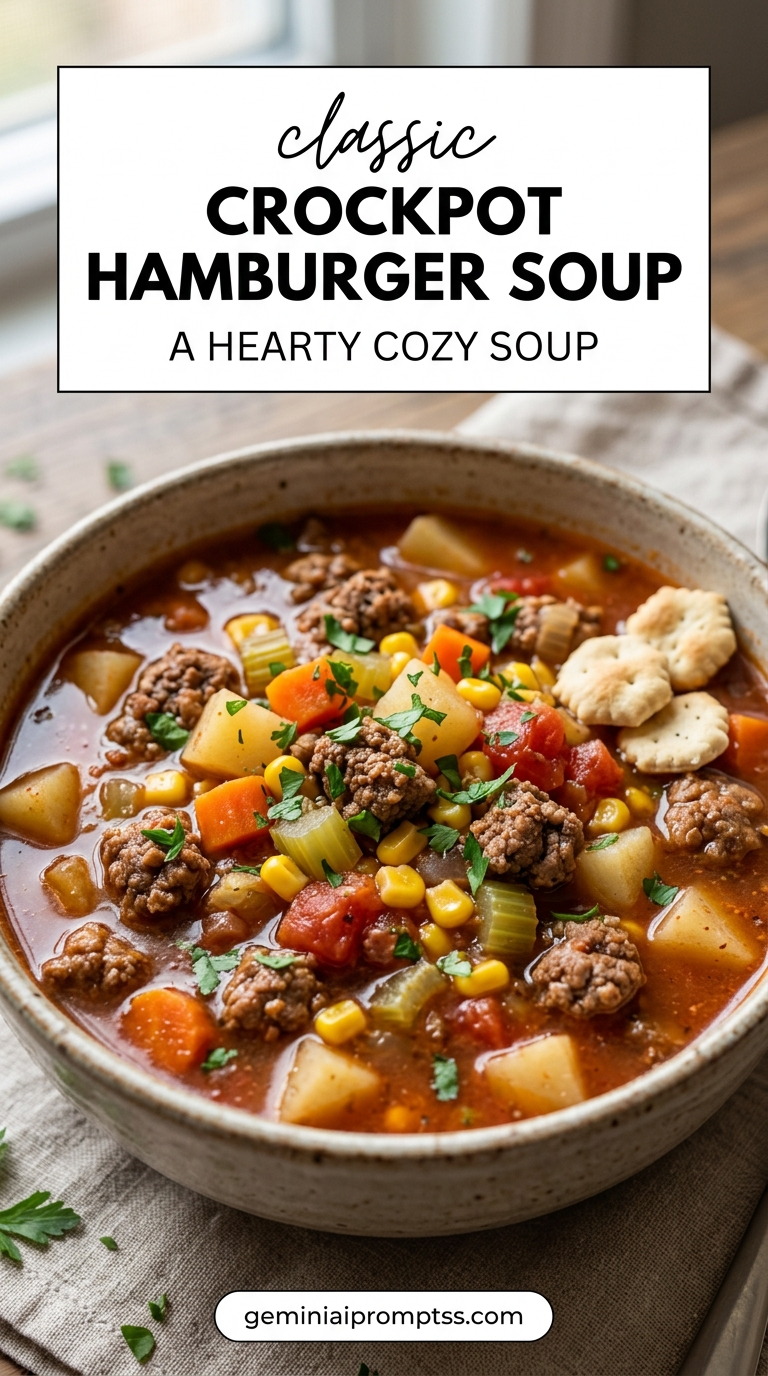 Crockpot Hamburger Soup showing a crockpot hamburger soup with beef, potatoes, carrots, celery, corn, tomatoes, and fresh herbs