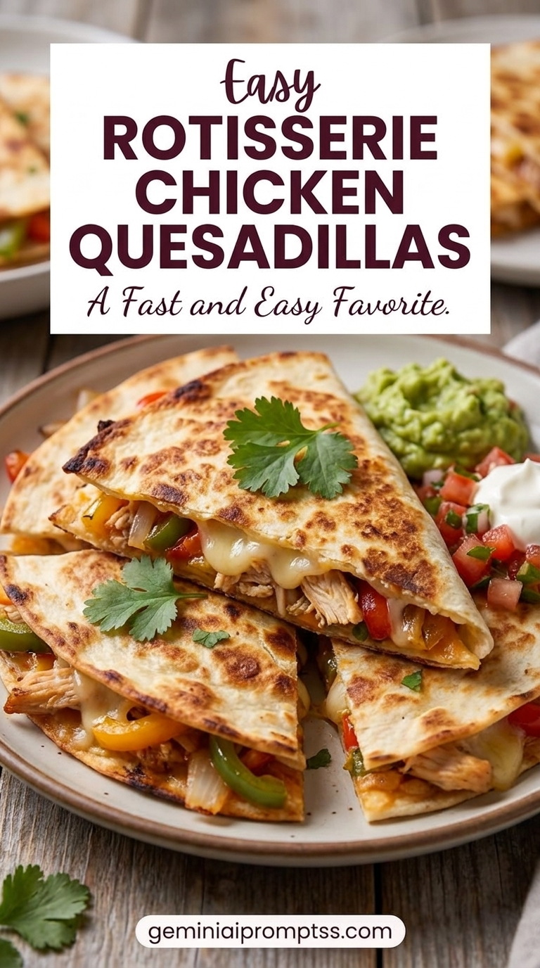 Rotisserie Chicken Quesadillas Easy with golden folded tortillas, melted cheese, colorful vegetables, and a fresh green garnish