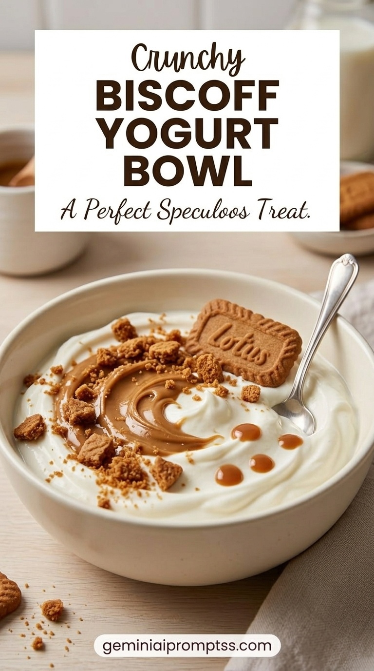 Biscoff Yogurt Bowl showing Greek yogurt with Biscoff-style spread, cookie crumbs, banana, peanuts, caramel, and mint