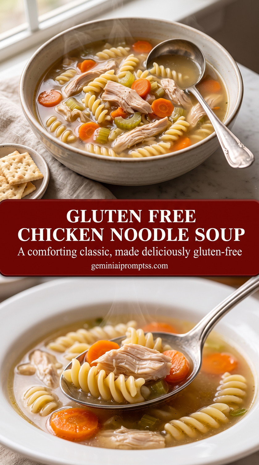 Gluten Free Chicken Noodle Soup with tender chicken, noodles, carrots, celery, clear golden broth, and a light herb finish