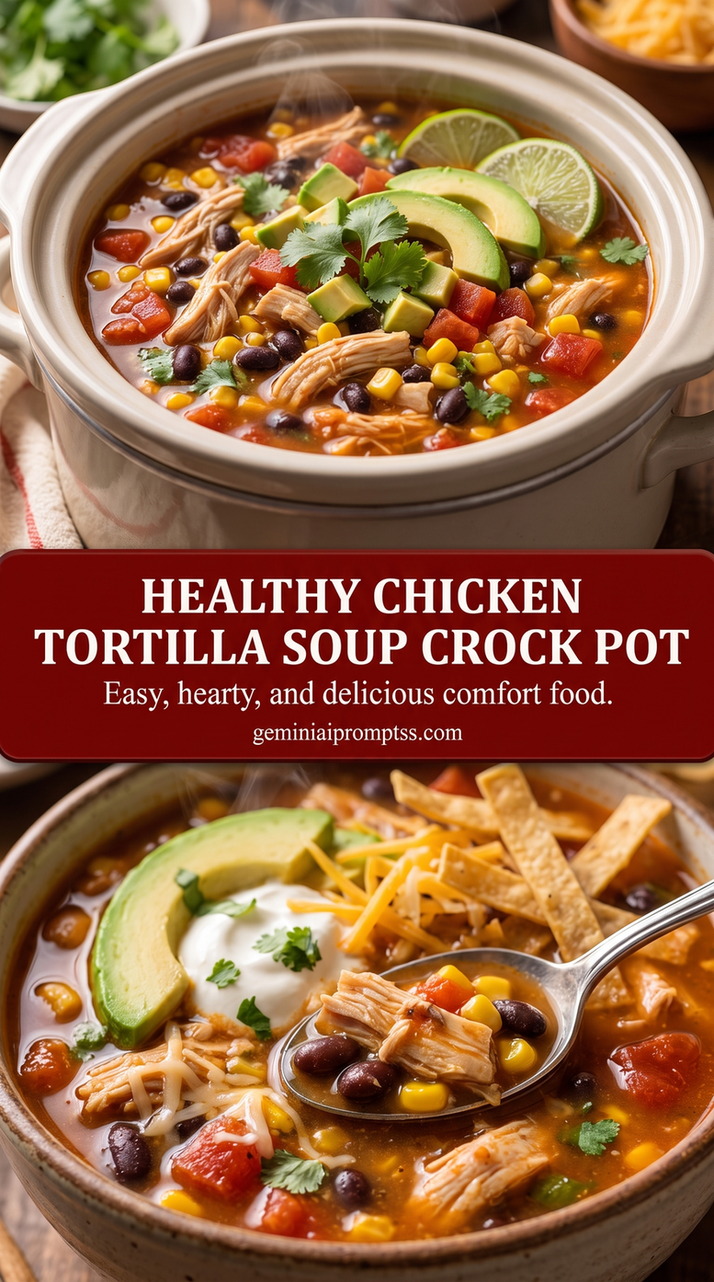 healthy slow-cooker chicken tortilla soup with shredded chicken, black beans, corn, tomatoes, lime, and crisp tortilla strips