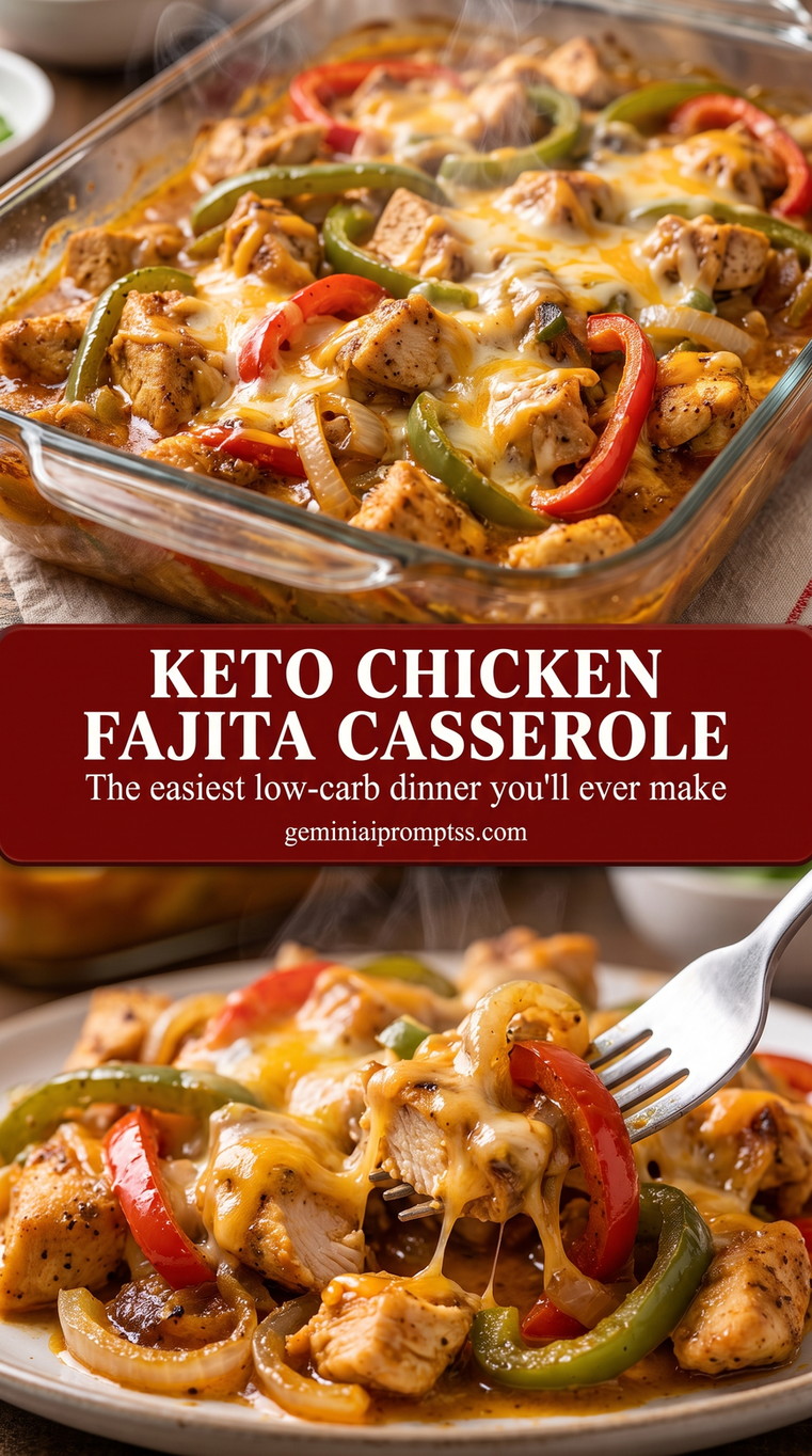 Keto chicken fajita casserole showing seared fajita protein with colorful peppers and onions