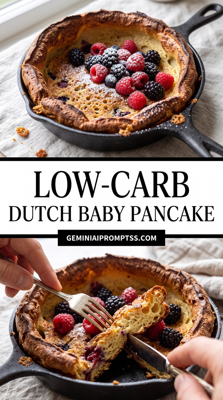 Low-carb Dutch Baby Pancake showing darkly browned low-carb Dutch baby with raspberries and blackberries