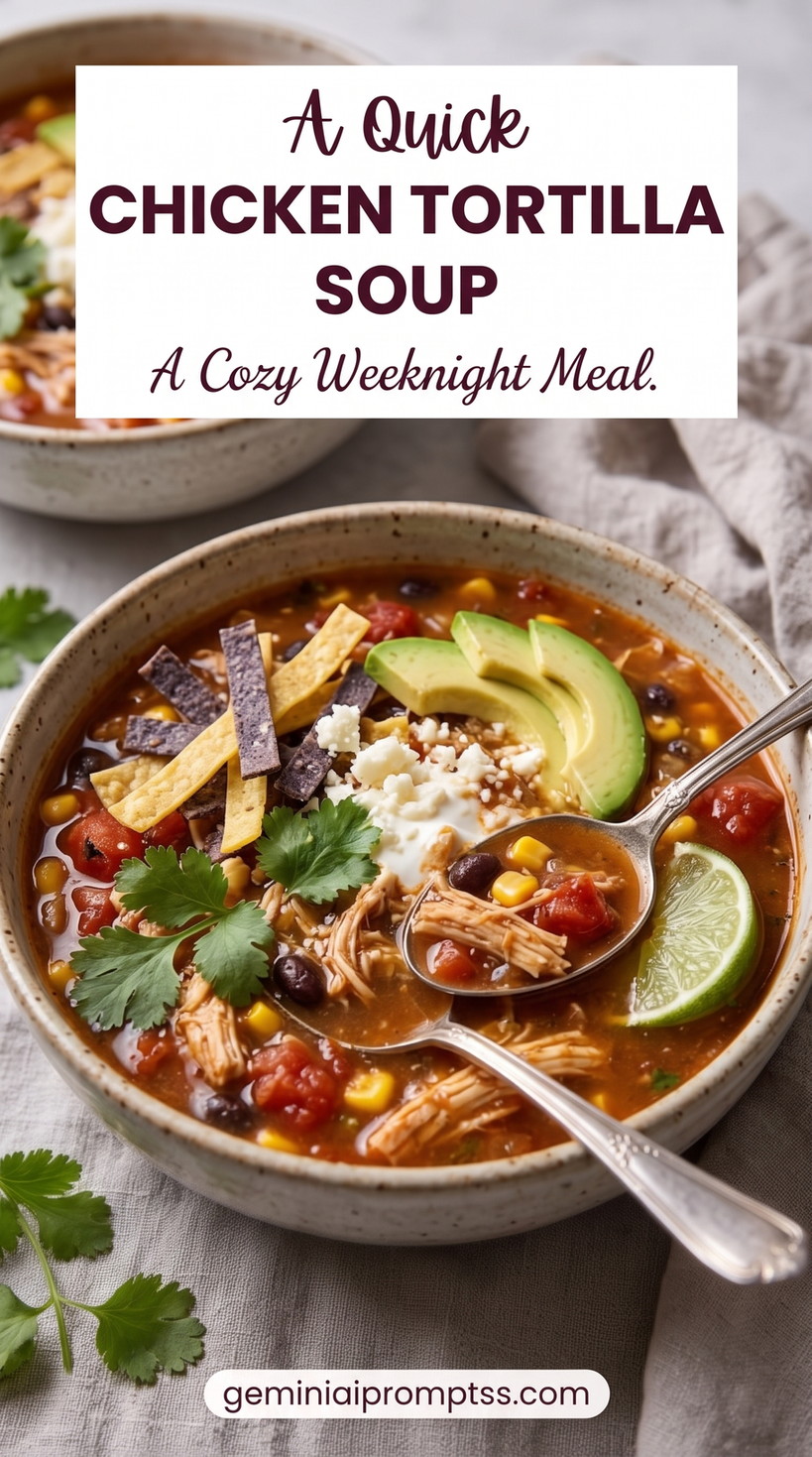 Quick Chicken Tortilla Soup with shredded chicken, tortilla strips, avocado, beans, corn, lime, and a red tomato-chile broth