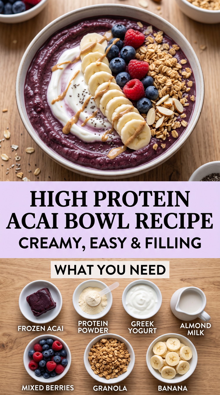 High Protein Acai Bowl Recipe with high-protein acai with Greek yogurt, protein powder, berries, banana, and granola