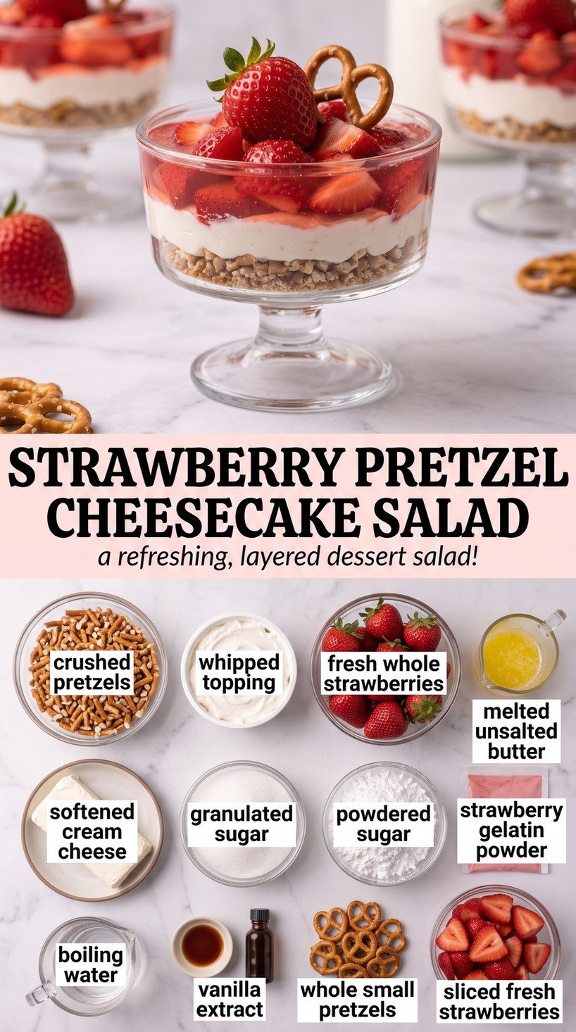 Strawberry Pretzel Cheesecake Salad with strawberry pretzel cheesecake salad with a buttery pretzel base, fluffy cream-cheese center, fresh berries, and pretzel garnish