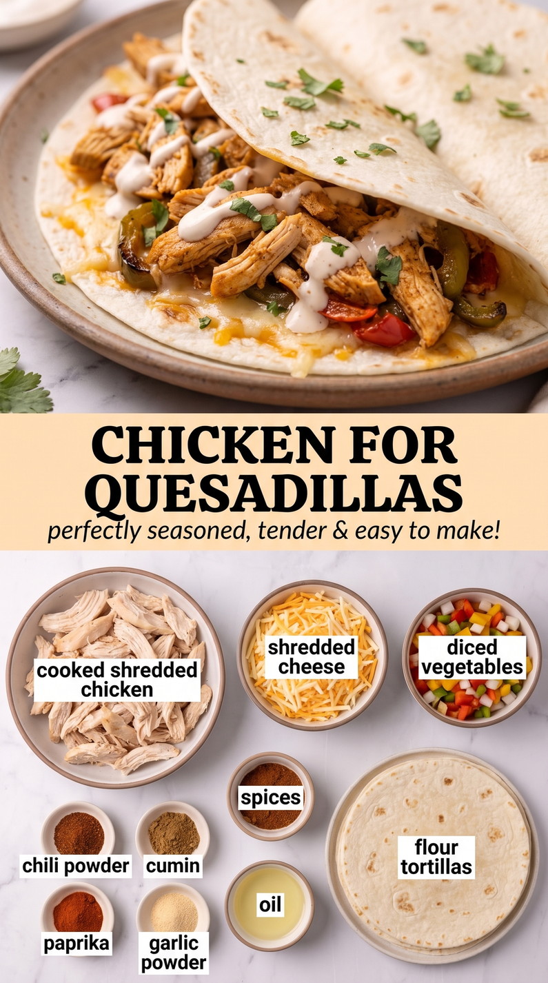 Chicken for quesadillas showing golden crisp quesadillas with melted cheese and a savory filling