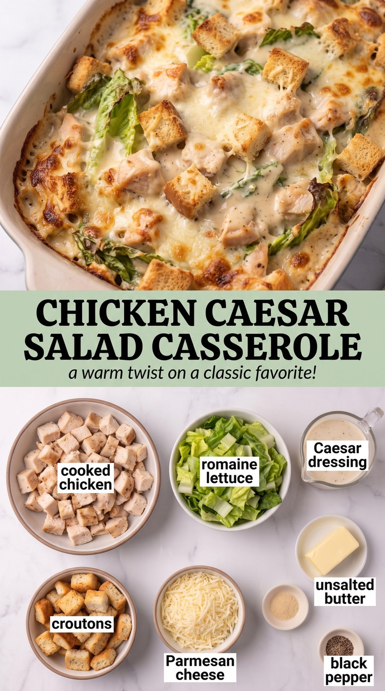Chicken Caesar Salad Bake with Crisp Croutons - chicken with crisp romaine, Parmesan, Caesar dressing, and crunchy toppings