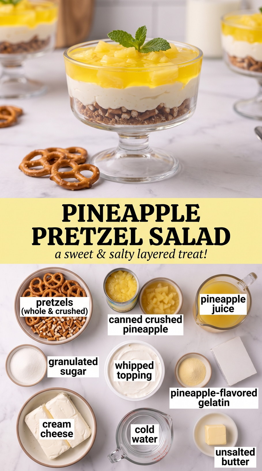Pineapple Pretzel Salad showing layered pineapple pretzel salad with a crisp pretzel crust, creamy white center, and glossy fruit topping