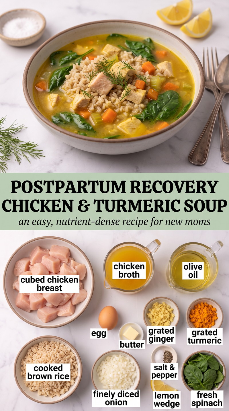 Healthy Postpartum Recipes showing a chicken, brown-rice and spinach turmeric soup with a light egg ribbon