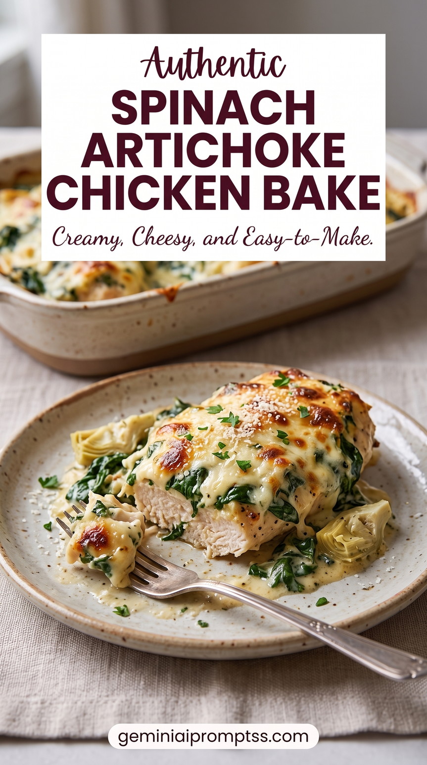 Spinach artichoke chicken bake showing tender chicken breasts under a creamy, browned spinach-artichoke cheese topping