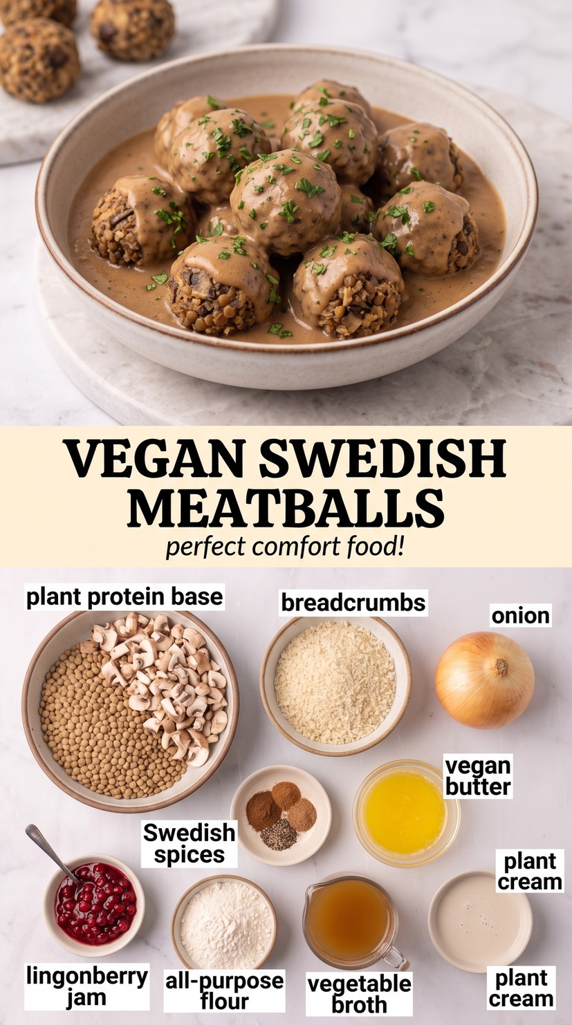Vegan Swedish meatballs finished dish made with plant protein base of lentils and mushrooms, breadcrumbs, and onion