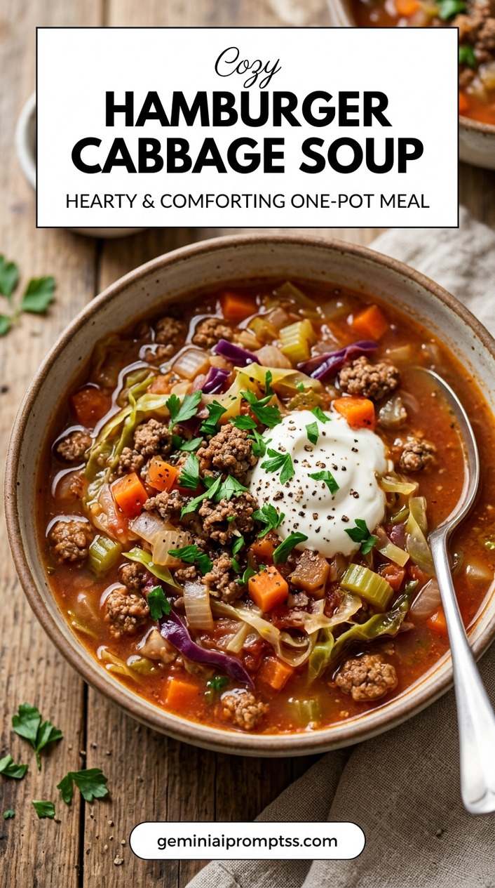Hamburger Cabbage Soup showing hamburger cabbage soup with ground beef, cabbage ribbons, carrots, celery, tomato broth, sour cream, and parsley