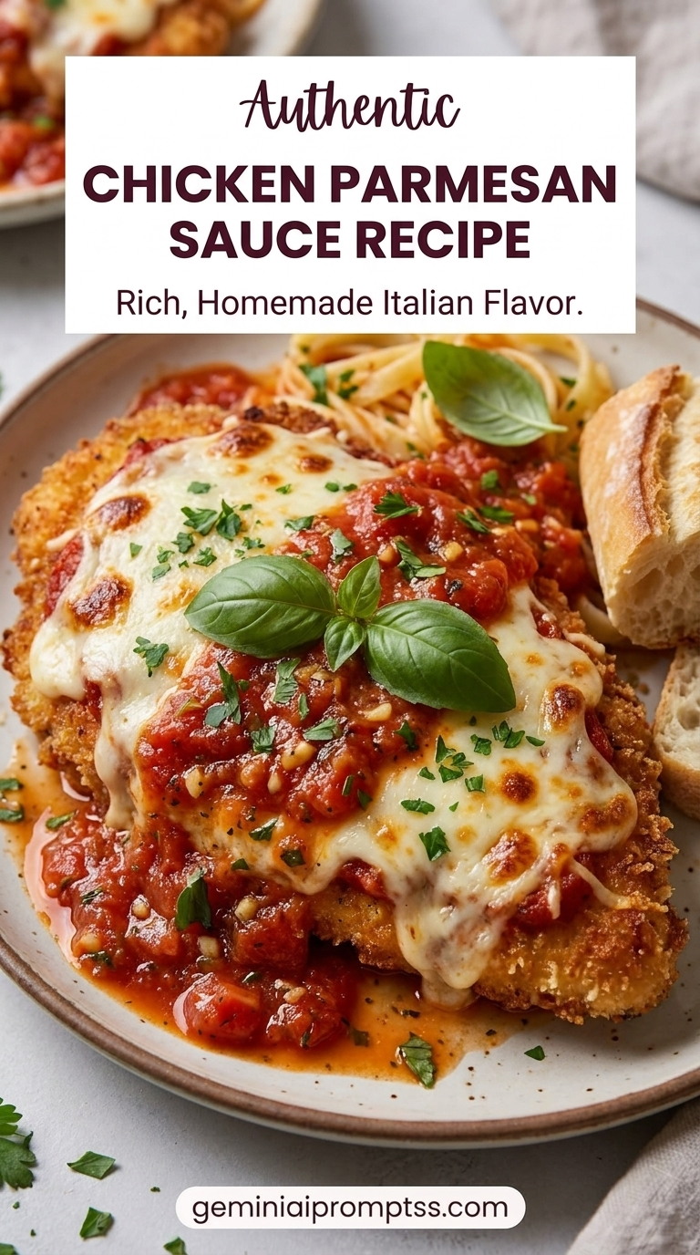 Chicken Parmesan Sauce Recipe with golden chicken cutlets with a red tomato sauce, melted cheese, Parmesan, and a fresh green herb garnish