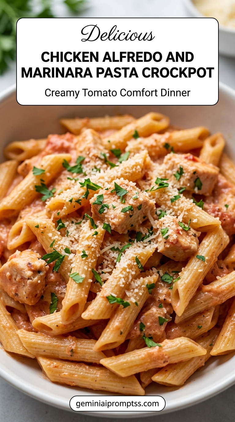 Chicken Alfredo and Marinara Pasta Crockpot finished dish with marinara sauce