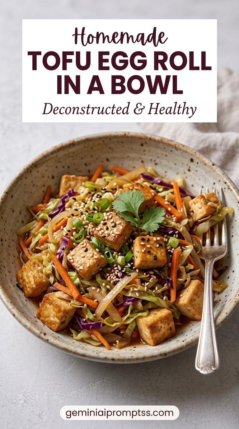 Tofu Egg Roll in a Bowl showing extra-firm tofu with cabbage, carrots, onion, ginger, garlic, scallions, sesame, and savory sauce