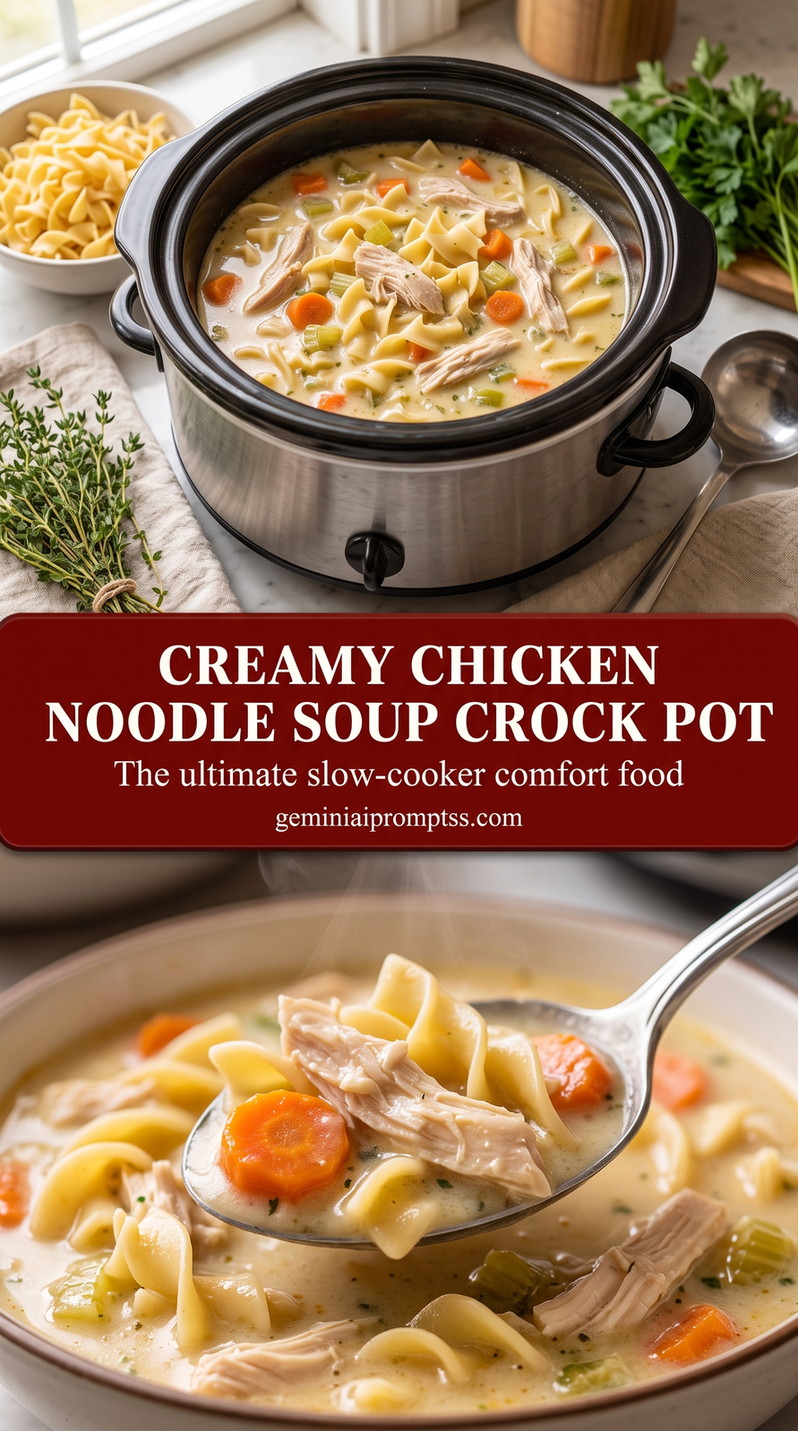 Creamy Chicken Noodle Soup Crock Pot with tender chicken, noodles, carrots, celery, clear golden broth, and a light herb finish