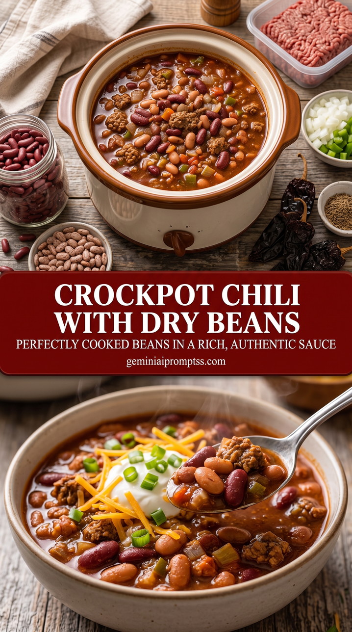 crockpot chili with dry beans with a slow-cooker chili with kidney beans, pinto beans, ground meat, tomato, peppers, cheddar, and green onion