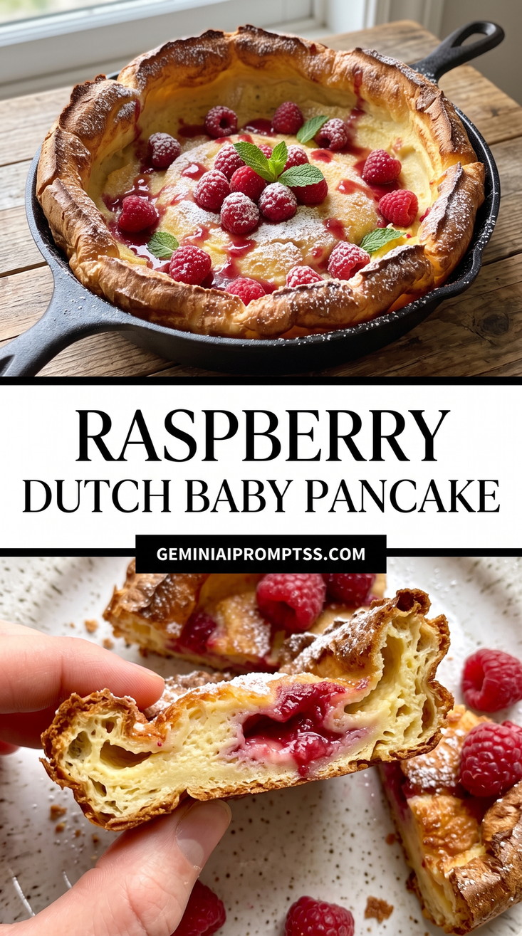 Raspberry Dutch Baby Pancake showing raspberry-studded Dutch baby with bright red berries and powdered sugar