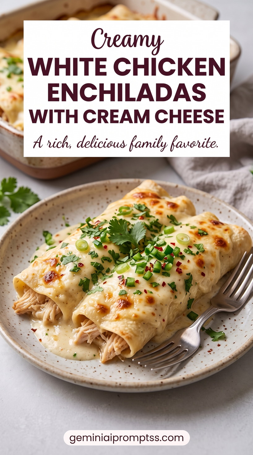 White Chicken Enchiladas with Cream Cheese with rolled chicken-filled tortillas, a pale creamy sauce, melted cheese, green chile or herb garnish, and lightly browned edges