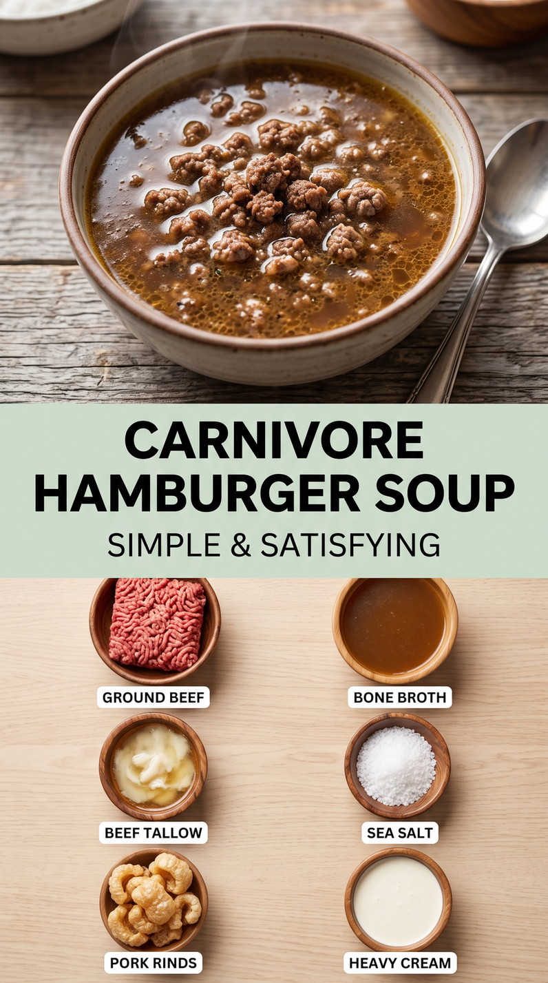 Carnivore Hamburger Soup with simple beef soup with bone broth, beef tallow, heavy cream, and crushed pork rinds