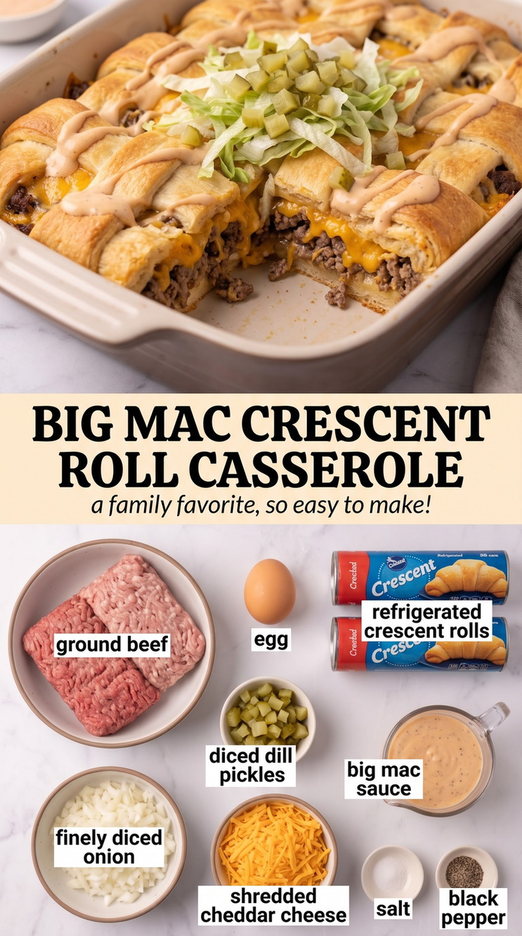 Big Mac Crescent Roll Casserole with beef-and-cheddar Big Mac-inspired filling baked in flaky crescent dough with pickles and burger sauce