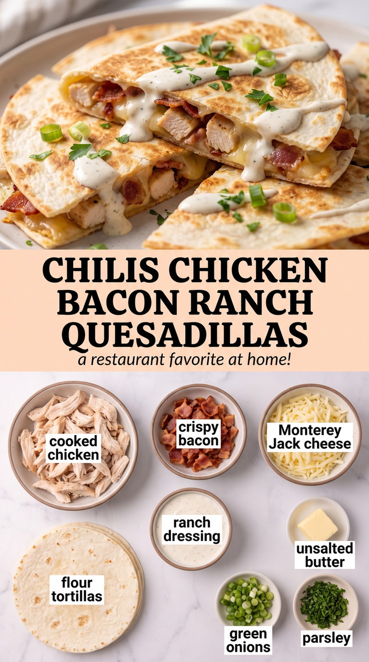 Chilis chicken bacon ranch quesadillas showing golden crisp quesadillas with melted cheese and a savory filling