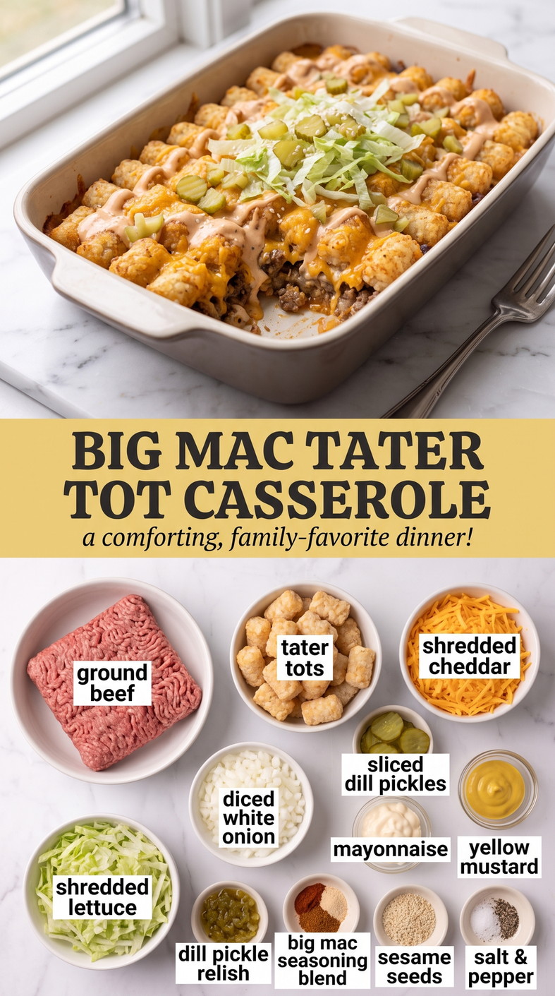 Big Mac Tater Tot Casserole showing Big Mac-style beef casserole topped with tater tots, cheddar, lettuce, pickles, and sesame
