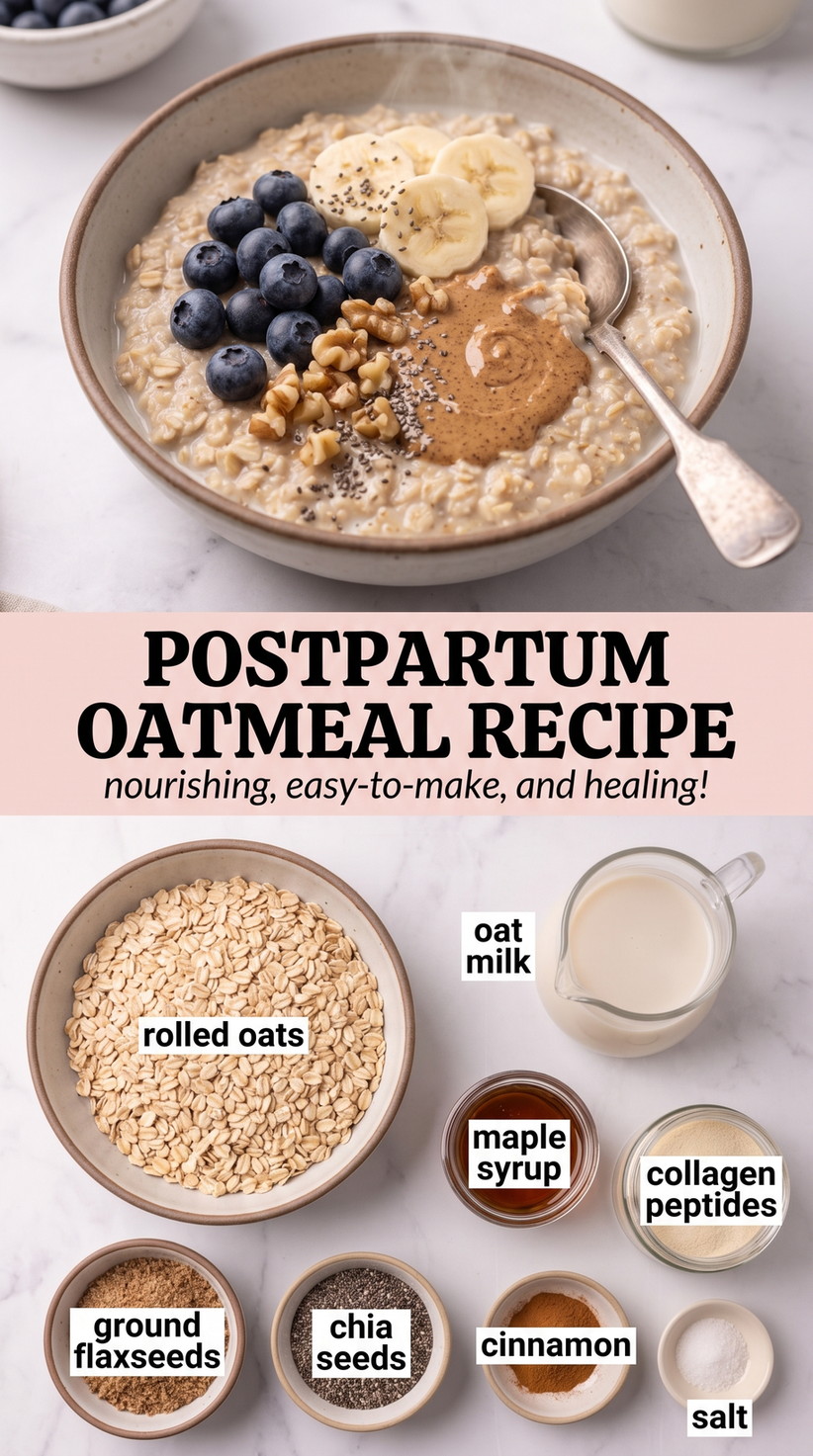 Postpartum Oatmeal Recipes showing creamy oatmeal topped with blueberries, banana and almond butter