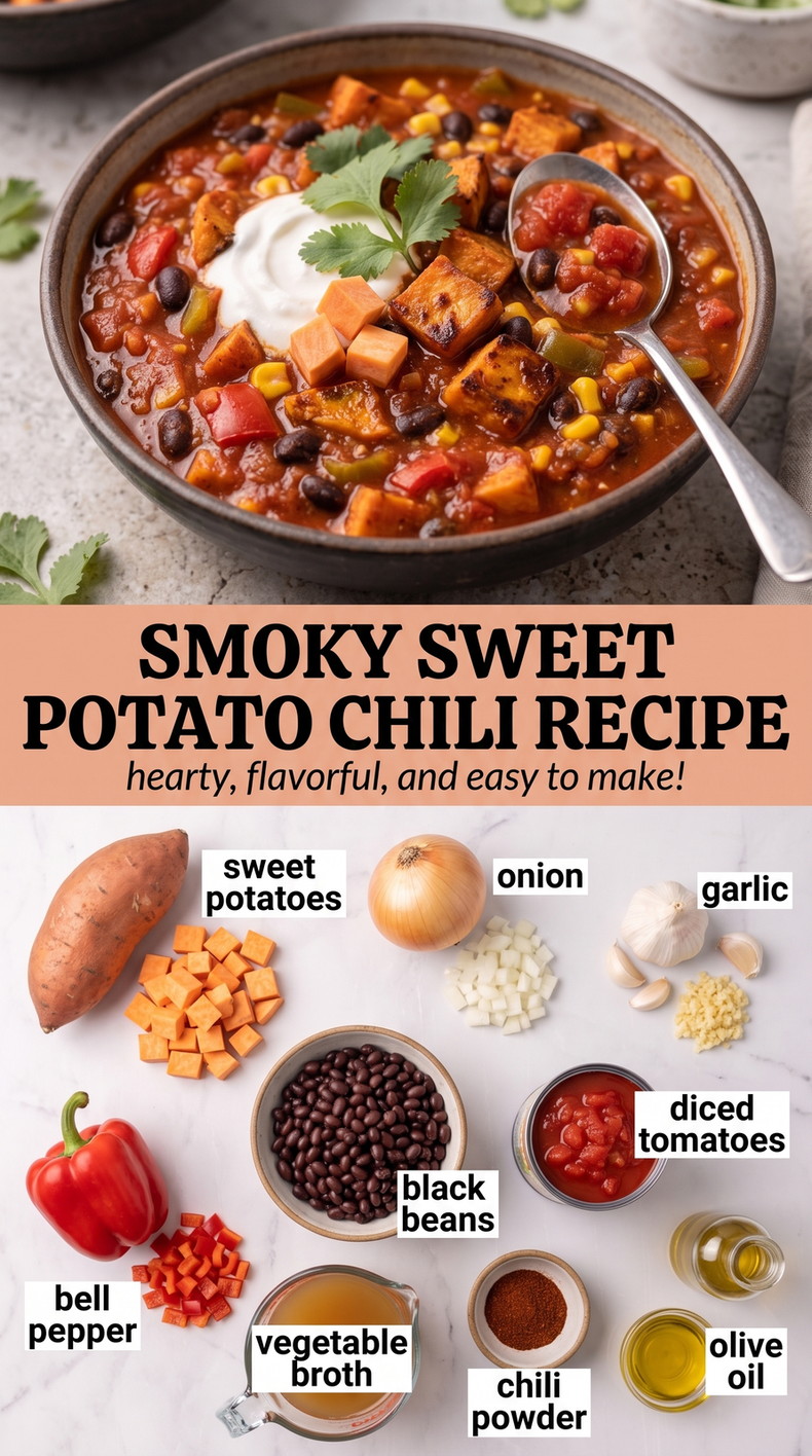 Sweet potato chili recipe finished dish made with sweet potatoes, onion, and garlic