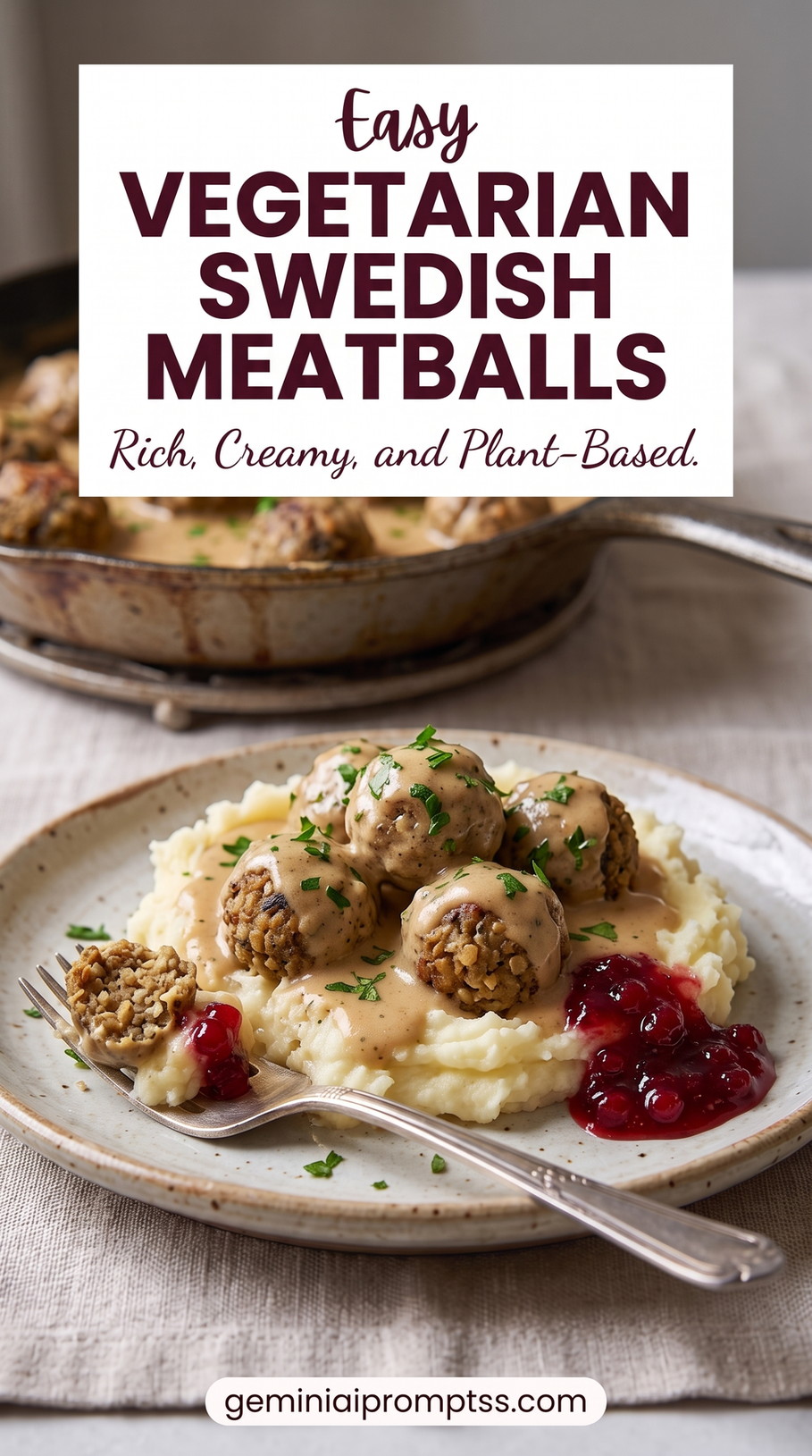 Vegetarian Swedish meatballs showing lentil, mushroom, and walnut meatballs with a creamy vegetarian gravy