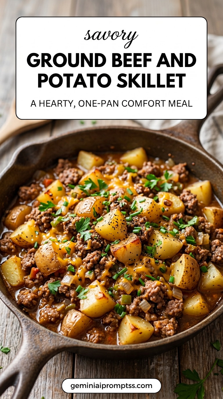 Hamburger Meat and Potatoes Recipes showing a savory ground-beef and baby-potato skillet with peppers, melted cheddar, green onions, and parsley