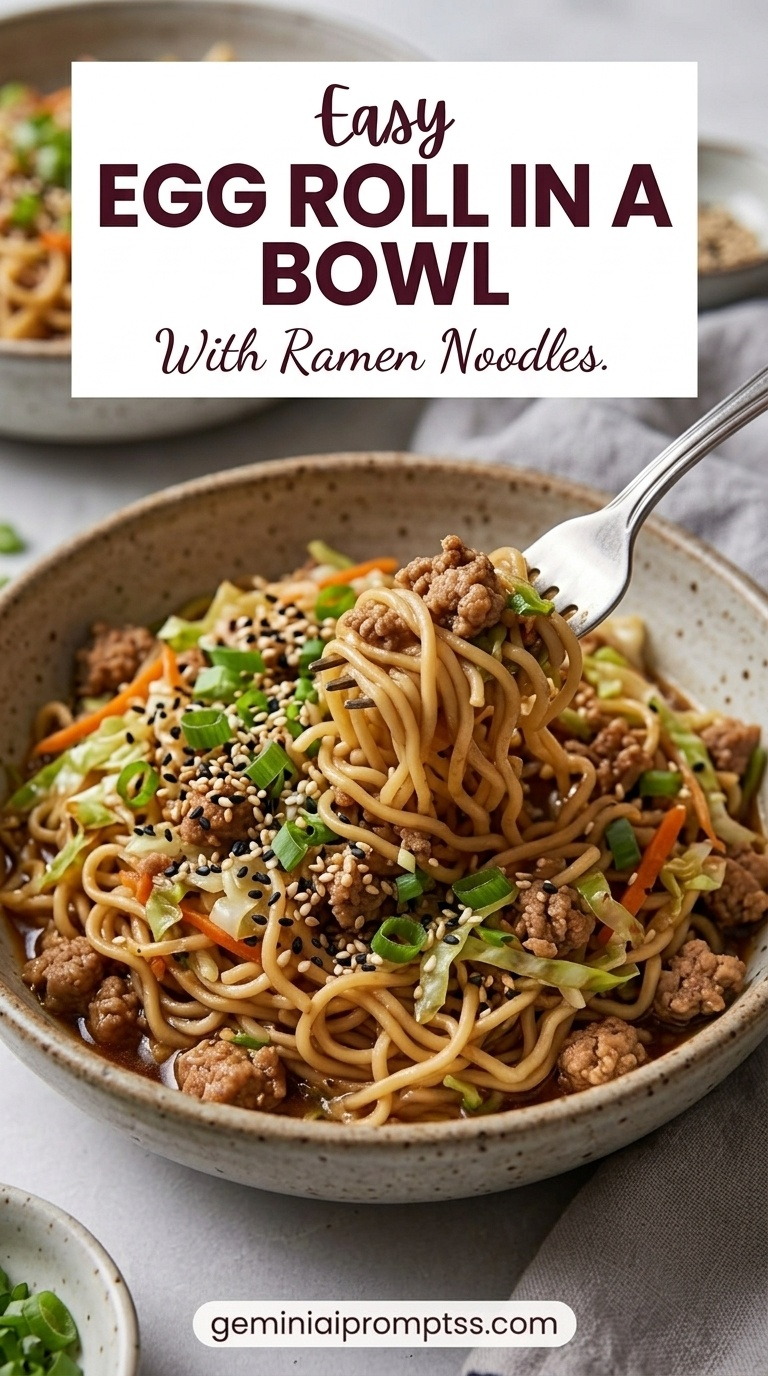 Egg Roll in a Bowl with Ramen Noodles showing ground pork, ramen noodles, cabbage, carrots, scallions, sesame, ginger, and garlic