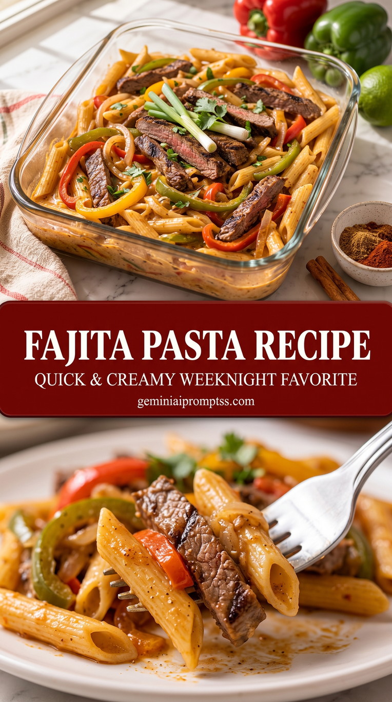 Fajita Pasta Recipe with browned chicken or steak with red and green peppers, onions, and a bright fresh finish
