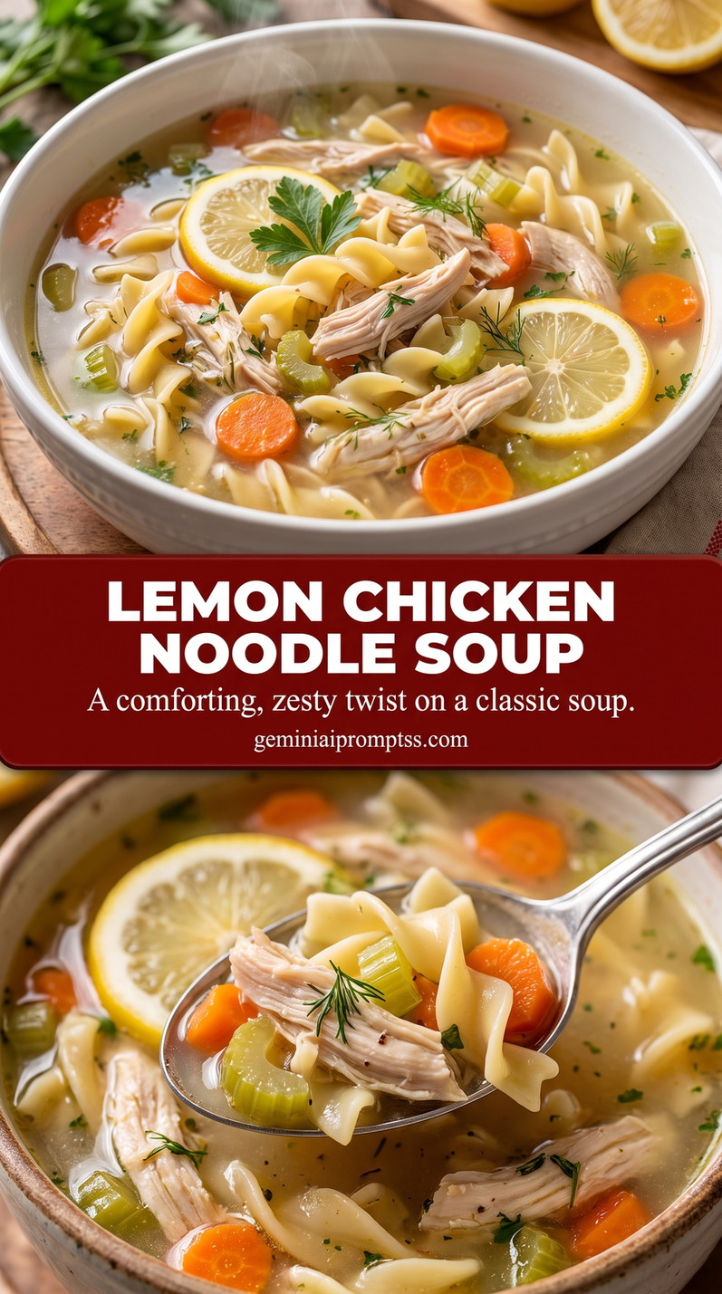 lemon chicken noodle soup with spinach with lemon, spinach, carrots, and noodles