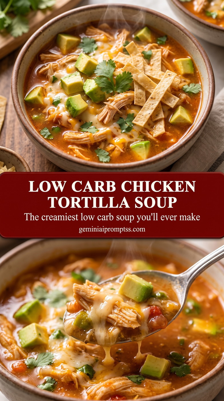Low carb chicken tortilla soup showing a hearty chicken tortilla soup with colorful toppings and crisp strips