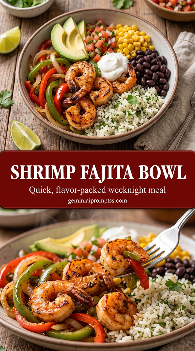 Shrimp Fajita Bowl with Cilantro-Lime Rice finished dish with shrimp fajita bowl with cilantro-lime rice