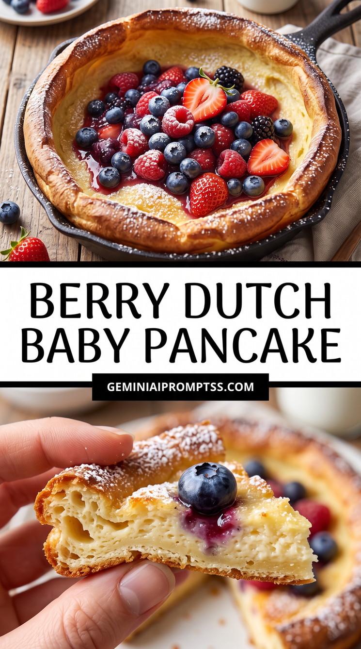 Berry Dutch Baby Pancake showing Dutch baby covered with blueberries, raspberries, strawberries and a light glossy drizzle