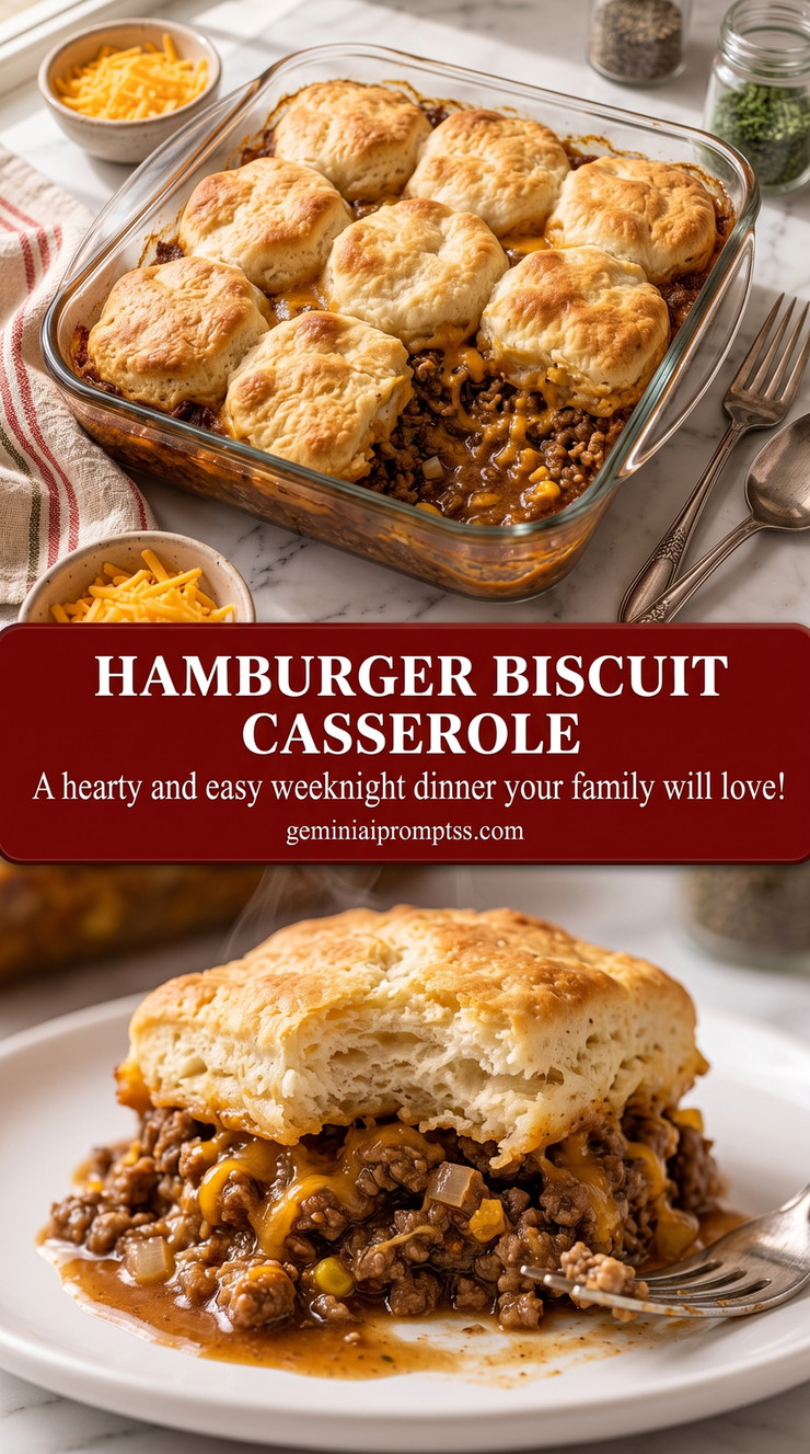 hamburger biscuit casserole with a beef casserole with thick savory filling, melted cheddar, onion, and large golden biscuits