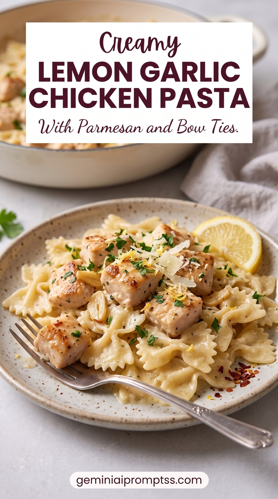 Easy Creamy Lemon Garlic Chicken with Parmesan Bow Tie Pasta with chicken, bow-tie pasta, a creamy Parmesan sauce, grated cheese, and fresh green herb garnish