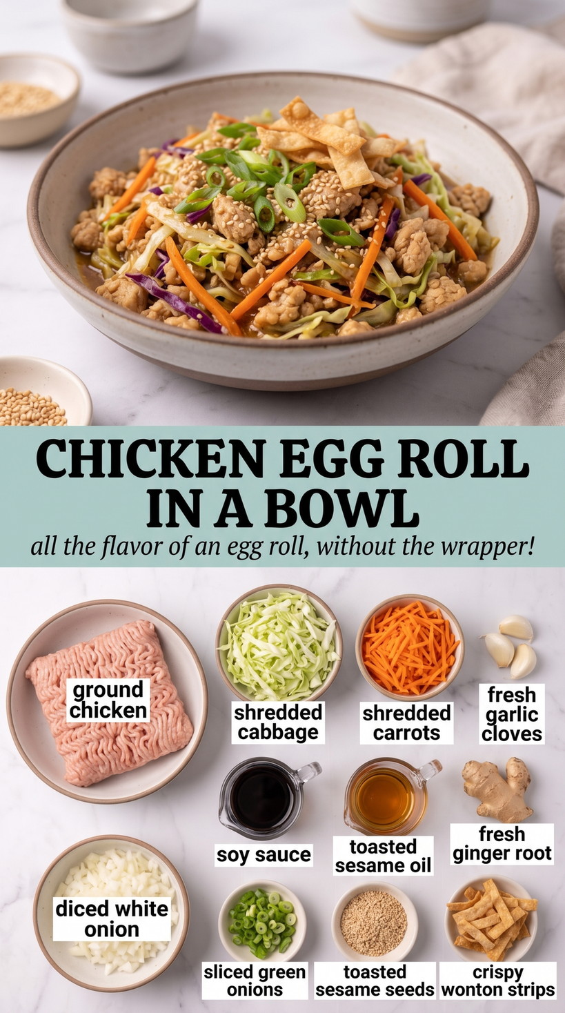 Chicken Egg Roll in a Bowl showing ground chicken with shredded cabbage, carrots, onion, garlic, ginger, scallions, sesame, and a savory sesame-soy coating