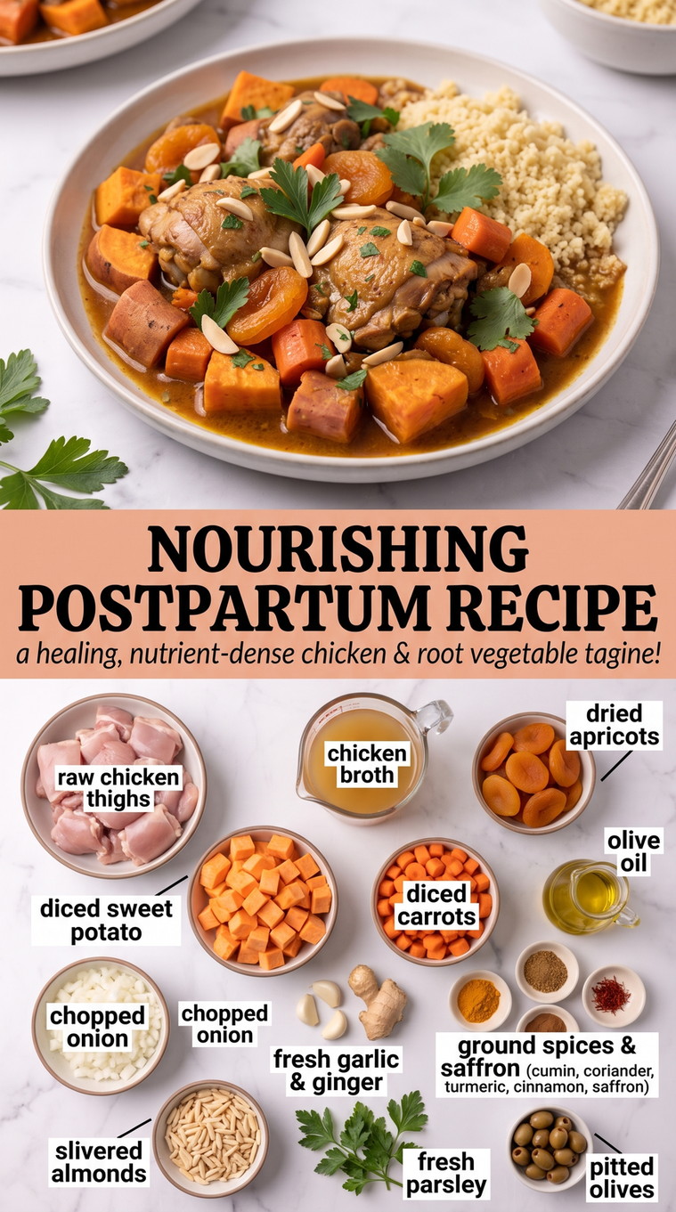 Nourishing Postpartum Recipes showing a chicken and root-vegetable tagine with sweet potato, carrots, apricots, olives and almonds