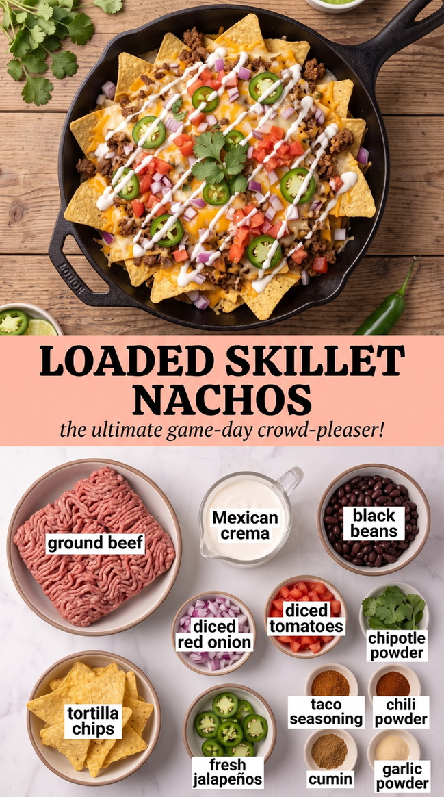 Mexican Super Bowl Party Food with loaded skillet-style nachos with seasoned beef, black beans, crema, tomato, red onion, jalapeño, and smoky chile spices