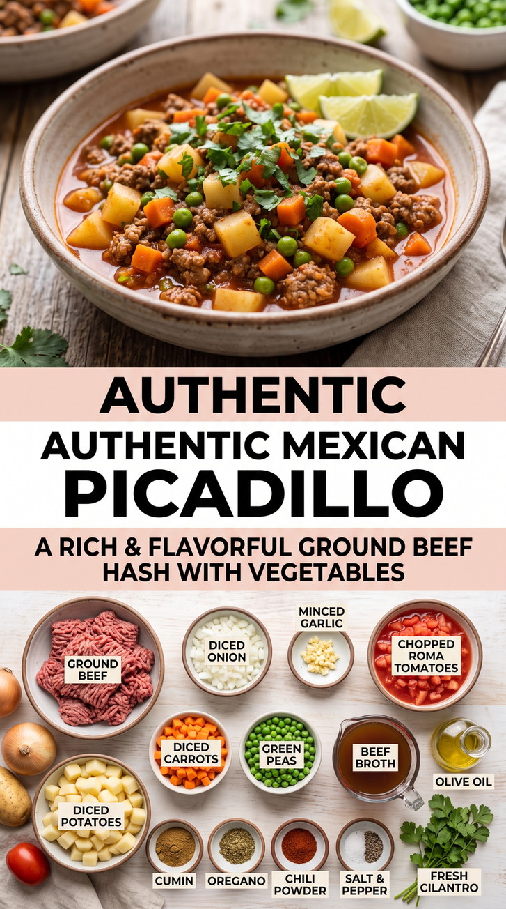Mexican Hamburger Meat Recipes with Mexican picadillo with ground beef, potatoes, carrots, peas, tomato, cumin, and cilantro