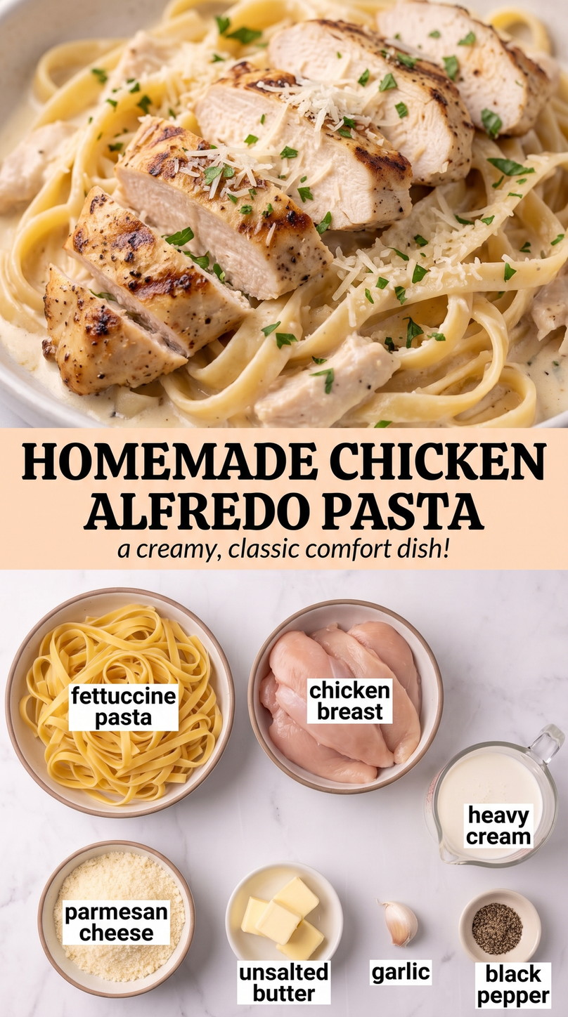 Homemade chicken alfredo pasta showing creamy pasta coated in Parmesan sauce with tender chicken