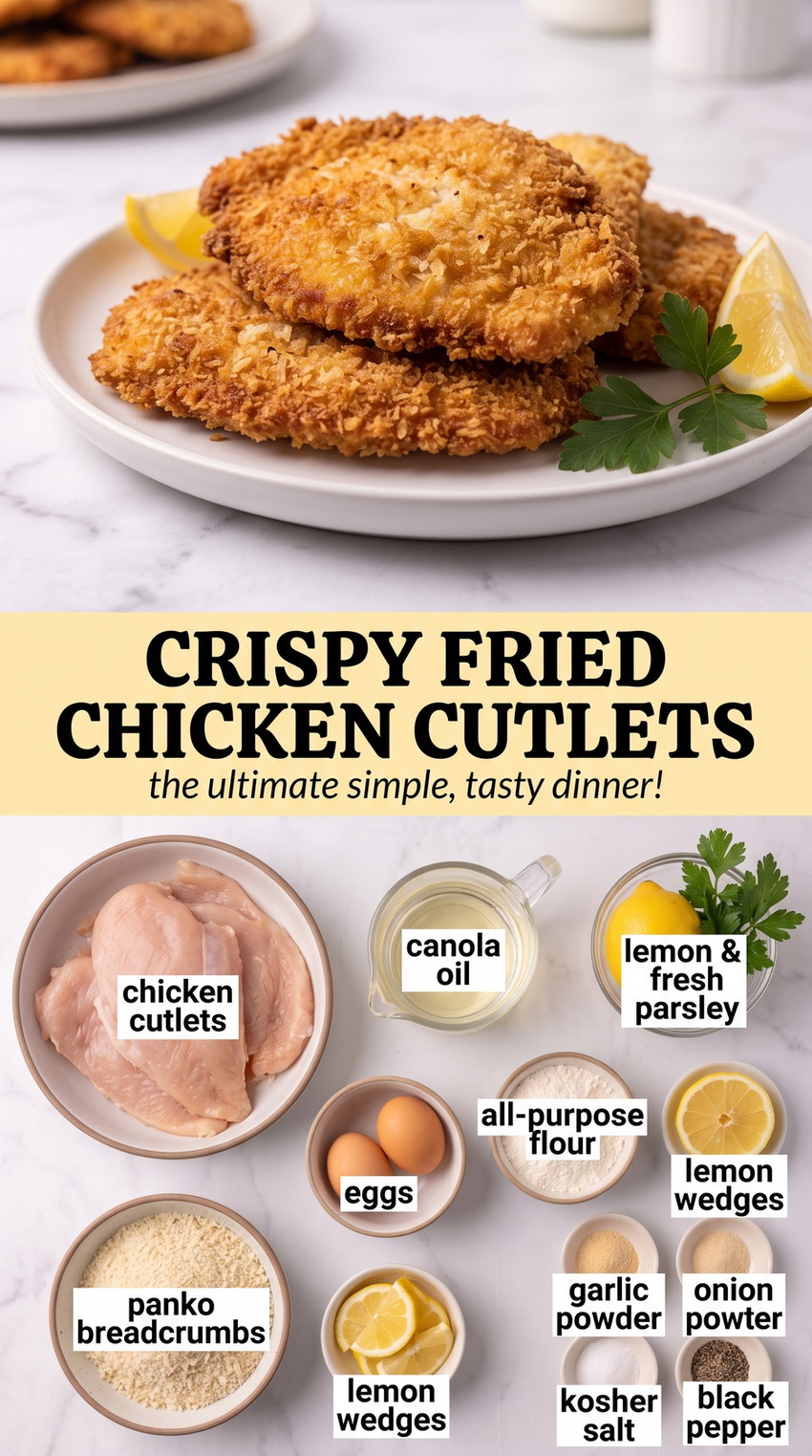 Crispy Fried Chicken Cutlets with Seasoned Crumbs prepared as a finished fried chicken cutlet recipe recipe with browned cutlets ready to serve