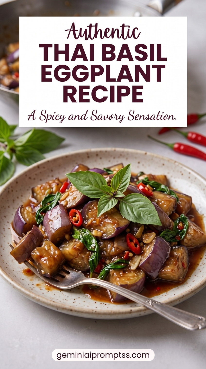 Thai Basil Eggplant with Chilies showing Thai basil eggplant with red chilies, basil leaves, and a glossy sauce